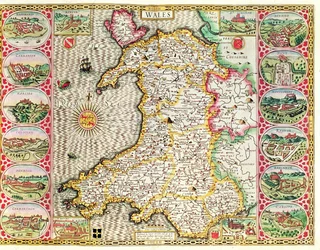 País de Gales, gravado por Jodocus Hondius (1563-1612) do Teatro do Império da Grã-Bretanha, de John Speed, publicado por John Sudbury e George Humble, 1611-12 (gravura em cobre colorida à mão)
